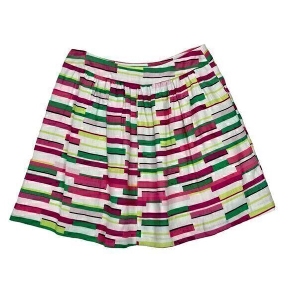 Kaari Blue Linen Pleated Skirt Womens 10 White Pink Multi Abstract Circle Mini - Picture 1 of 9